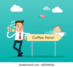 Businessman holding a cup of coffee stands next to a wooden sign with text "Coffee here”. Isolated vector illustration