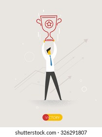 Businessman holding a cup. Success, achieving goals, pride. Vector illustration Eps 10 file. 