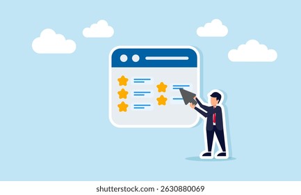 Empresário segurando um cursor apontando para um aplicativo mostrando uma ilustração de lista de estrelas da análise do progresso da melhoria da qualidade da empresa