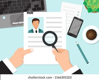 Businessman holding cv resume and magnifier vector illustration. Job recruiter reading resume of person with magnifying glass.