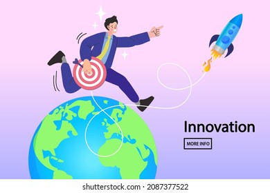 Businessman holding a dart Run on the globe and point to the rocket. Success, idea, growing, international business and strategy. New business project start-up design. vector illustration.