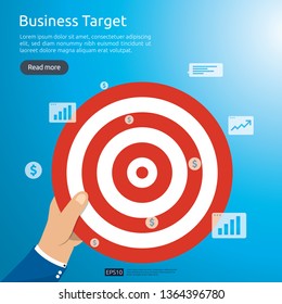 businessman holding dartboard center goal. strategy achievement and success flat design. Archery dart target and arrow. Business vector concept with graph and dollar icon illustration.