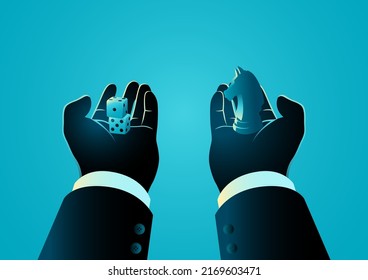 Businessman holding dices on left hand and knight chess on right hand, choosing between gambling or strategic in business