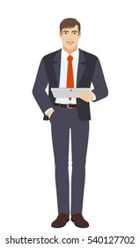 Businessman holding digital tablet PC. Full length portrait of businessman in a flat style. Vector illustration.