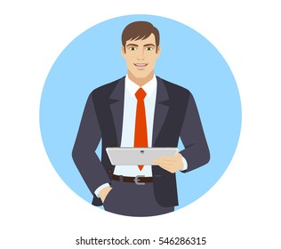 Businessman holding digital tablet PC. Portrait of businessman in a flat style. Vector illustration.