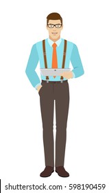 Businessman holding digital tablet PC. A man wearing a tie and suspenders. Full length portrait of businessman in a flat style. Vector illustration.