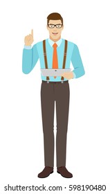 Businessman holding digital tablet PC and pointing up. A man wearing a tie and suspenders. Full length portrait of businessman in a flat style. Vector illustration.