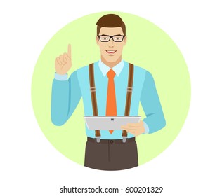 Businessman holding digital tablet PC and pointing up. A man wearing a tie and suspenders. Portrait of businessman in a flat style. Vector illustration.