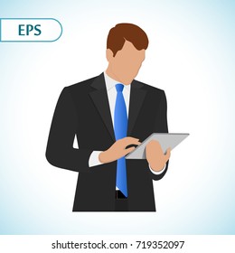 Businessman holding digital tablet PC. Portrait of businessman in a flat style. Vector illustration.