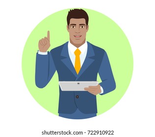 Businessman holding digital tablet PC and pointing up. Portrait of Black Business Man in a flat style. Vector illustration.