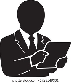 Homem de negócios segurando o ícone do vetor do tablet digital. Executivo corporativo usando símbolo de silhueta de computador pad.