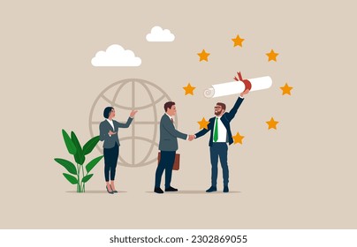 Businessman holding diploma graduation. Receiving college or university diploma. Modern vector illustration in flat style