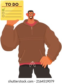 Businessman holding to do list in hand, complete checklist, worksheet with tick marks. Business organization and achievements of goals. Check list, questionnaire, management and tasks planning