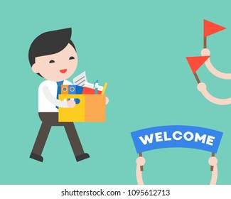 Businessman Holding Document Box With Happiness And Welcome Board, Got New Job Or Promotion Concept