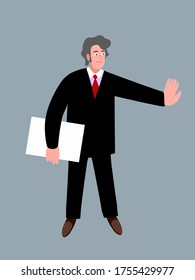 Businessman holding document and gesticulates with his hand. Vector art. Manager at office with notepad. Boss stops someone. Man in suit with paperwork. Worker or entrepreneur with positive attitude. 