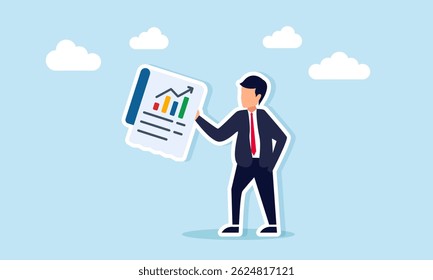 Businessman holding a document with graphs illustration of financial report and team performance