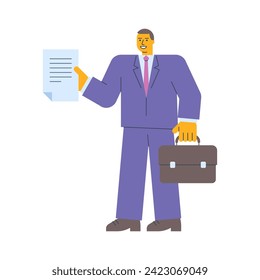 Businessman holding document holding suitcase. Vector Illustration