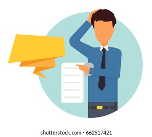 Businessman holding document. Vector character illustration