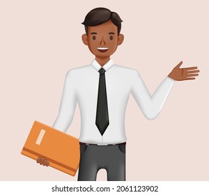 Businessman holding documents folder and presenting hand character design. 3d vector illustration.