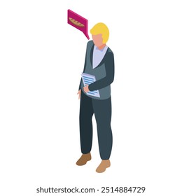 Hombre de negocios que sostiene documentos y que piensa en la comida, Ilustración vectorial isométrica del icono de la pausa del almuerzo