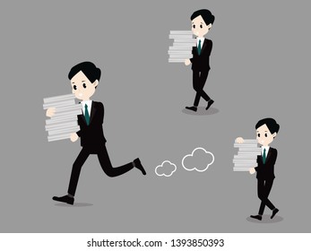 Businessman holding a lot of documents. Vector flat illustration