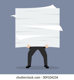 Businessman holding a lot of documents. vector illustration