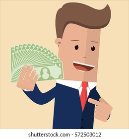 Businessman holding dollar bills. Vector Illustration