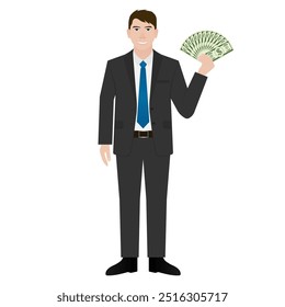 Businessman Holding Dollar Cash. Man Holding Money Cash. Vector Illustration.