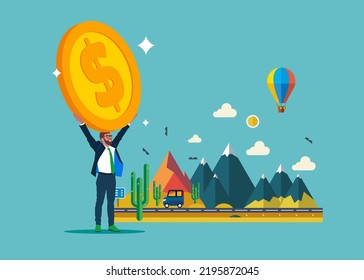 Businessman holding dollar coin above head alone in nature landscape. Financial people with dollar currency concept. Vector illustration.