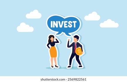 A businessman holding a dollar coin and a businesswoman sharing about investment, illustration of exchanging thoughts on ideas and business investment strategies