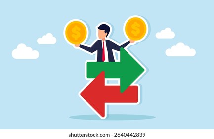 Businessman holding dollar coin emerging between two opposite arrows illustration of sharing company profit or business dividend