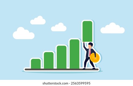 Businessman holding a dollar coin and lifting a bar chart, illustration of efforts to improve the financial performance of a business company