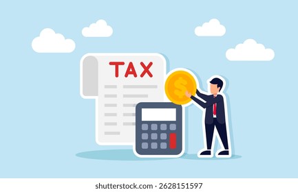 Businessman holding dollar coin next to tax documents and calculator illustration of business financial calculation for tax payment