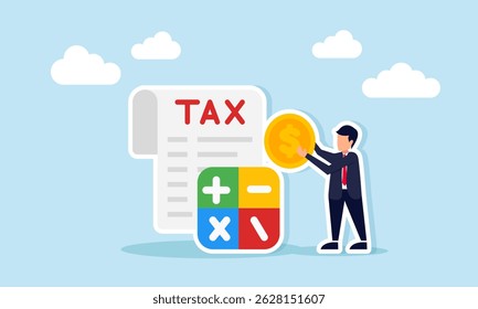 Businessman holding dollar coin next to tax documents and arranged blocks with math operator labels illustration of business financial calculation for tax payment