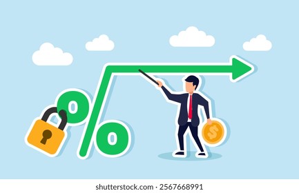 A businessman holding a dollar coin and a pointer explains an arrow originating from a sealed percent sign, illustration of financial stability education for businesses