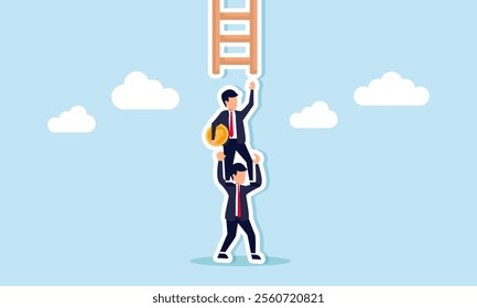 A businessman holding a dollar coin receives help climbing a ladder from his partner by stepping on their back, illustration of business partner support for increasing profits