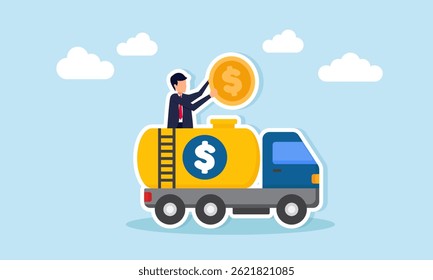 Businessman holding a dollar coin standing on a water tank truck with a dollar sign illustration of investor getting ready to provide financial input