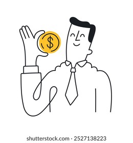 Hombre de negocios con el símbolo de la moneda del dólar. Estilo Doodle con un golpe editable.