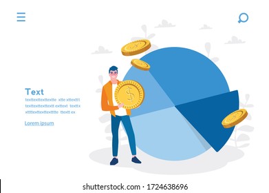 Businessman holding dollar coin. taxpayer, tax burden, taxation,Vector illustration for web banner, infographics, mobile.  fiscal policy, budget planning.