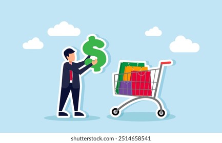 A businessman holding a dollar in front of a shopping basket, illustration of The fair value or price for a business expenditure