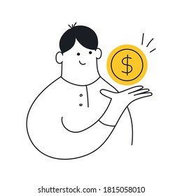 Businessman holding a dollar, gold coin. Profit, money management, wages, credit, salary, income, cash, value or banking concept. Flat line isolated clean vector illustration on white.