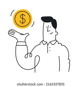 Businessman holding a dollar, gold coin. Concept of profit, income, banking, value. Outline, linear, thin line, doodle art. Simple style with editable stroke.
