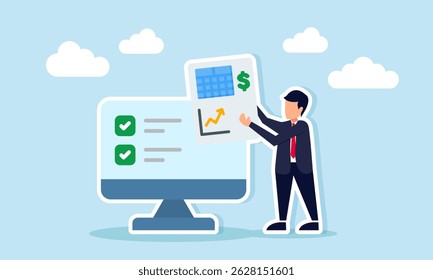 Businessman holding dollar and graph-marked document beside monitor displaying checklist illustration of completing business financial report preparation