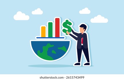 Businessman holding a dollar sign next to half a globe with a graph above it, illustration of currency performance worldwide