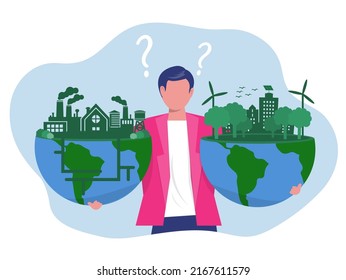 businessman holding earth globe go green save planet compare fuming industrial plants and factories.Natural resources, earth exploitation, industrial pollution themes design  vector illustration