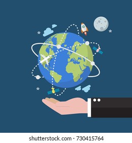 Businessman holding earth globe on space background. Flat style vector illustration