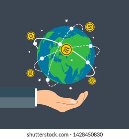 Businessman holding earth globe,Libra coin concept growth chart hand holding,bitcoin spin around the world.vector illustration