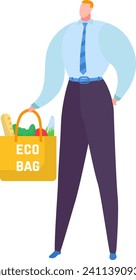 Businessman holding eco-friendly grocery bag with fresh food. Male professional with sustainable shopping. Environmental awareness and green lifestyle vector illustration.