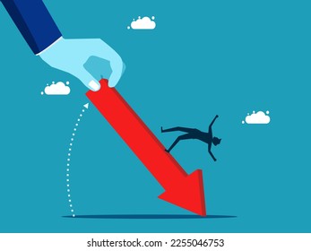 Businessman holding economic crisis arrow. Recession and decline in business