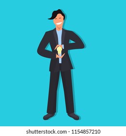 businessman holding electric light lamp in palms creative innovation concept male cartoon character full length flat blue background vector illustration